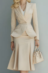 Light Khaki Peak Lapel Long Sleeve 2 Piece Skirt Suits