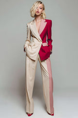 Light Khaki Red ColorBlock 2-Piece Notched Lapel Women Suits