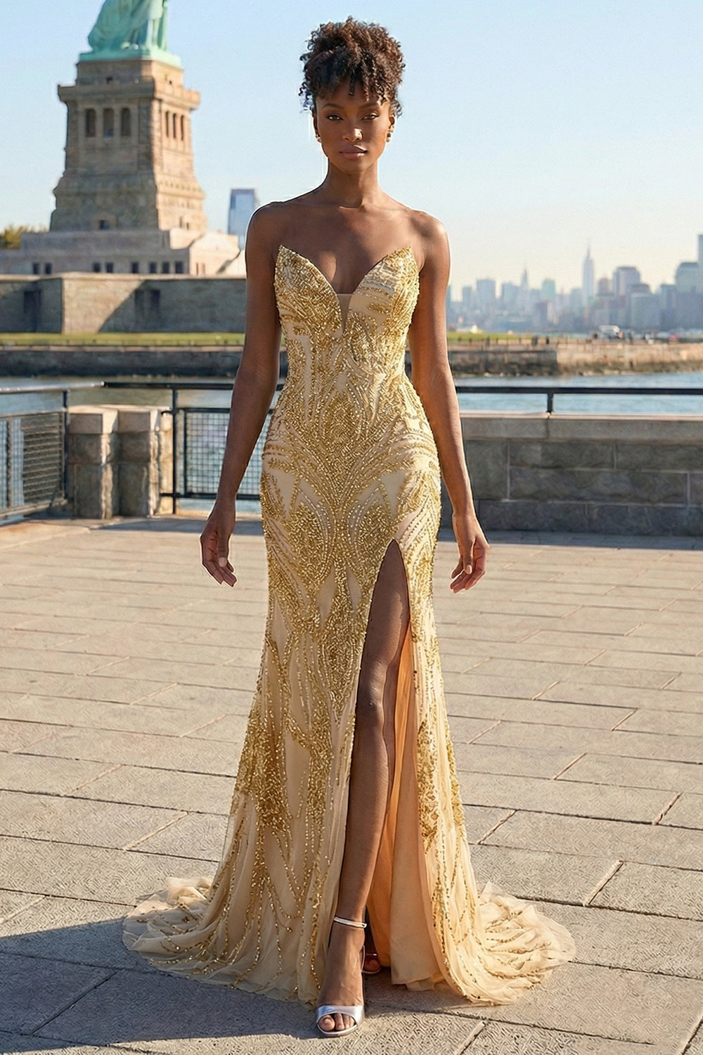 Golden Mermaid Beaded Strapless Prom Dress With Slit