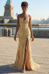 Golden Mermaid Beaded Strapless Prom Dress With Slit