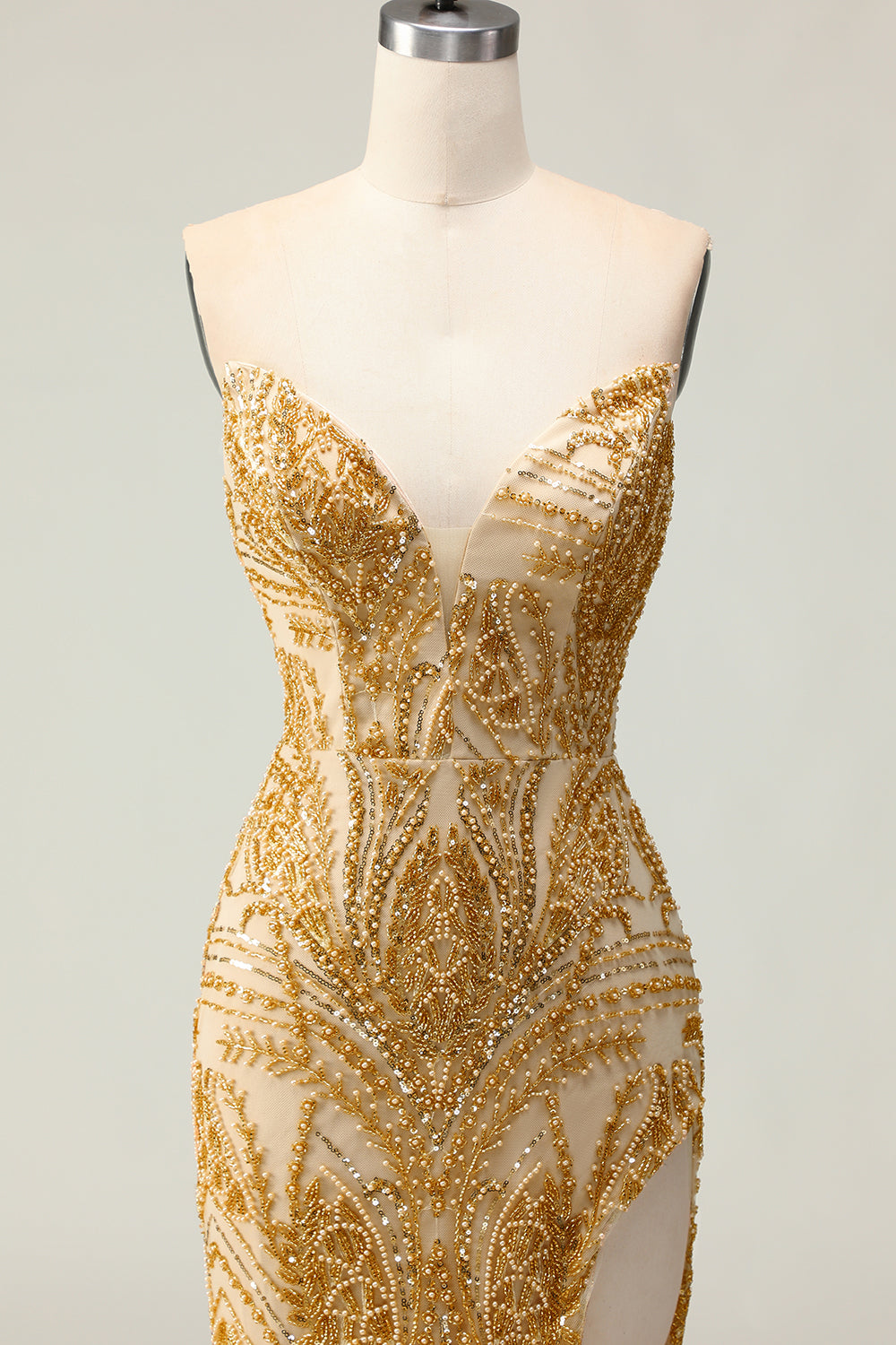 Golden Mermaid Beaded Strapless Prom Dress With Slit