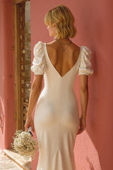 White Mermaid Puff Sleeve Maxi Wedding Dress With Slit