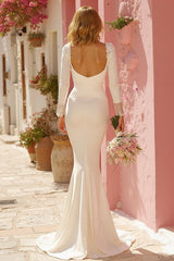 White Mermaid Sweep Train Long Sleeve Wedding Dress With Appliques