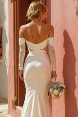 Off The Shoulder White Long Sleeve Mermaid Wedding Dress With Slit