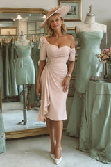 Blush Pink Ruched Asymmetrical Neck Midi Mother Of The Bride Dress