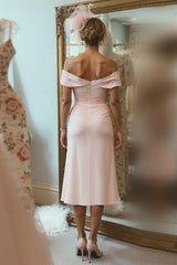 Blush Pink Off The Shoulder Midi Mother Of The Bride Dress With Slit