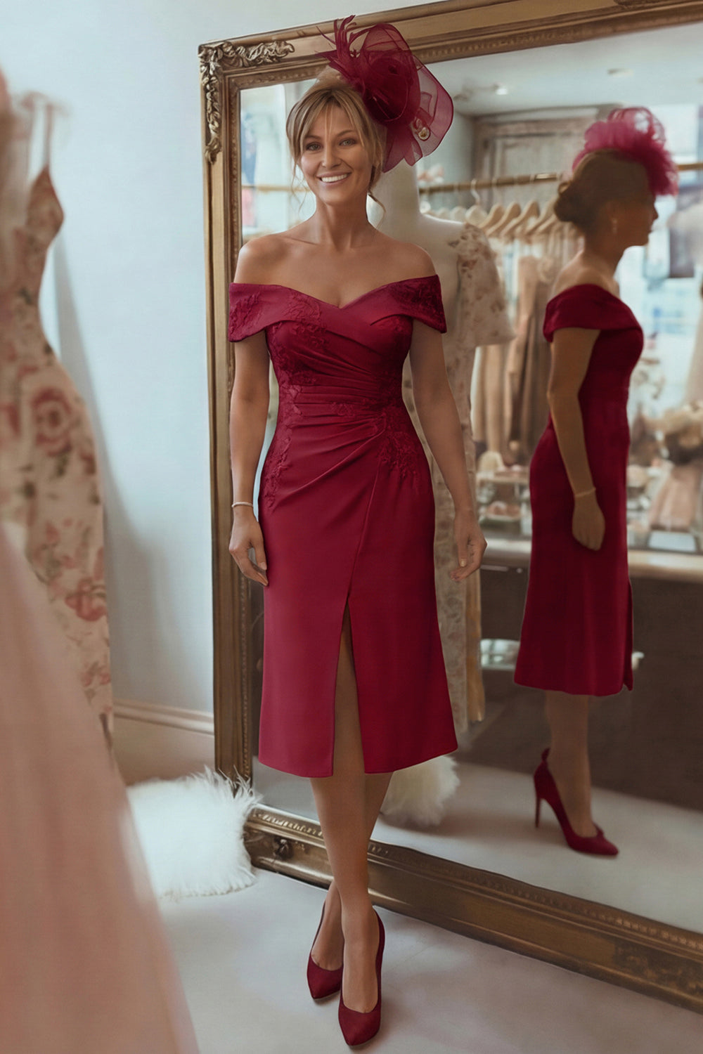 Blush Pink Off The Shoulder Midi Mother Of The Bride Dress With Slit