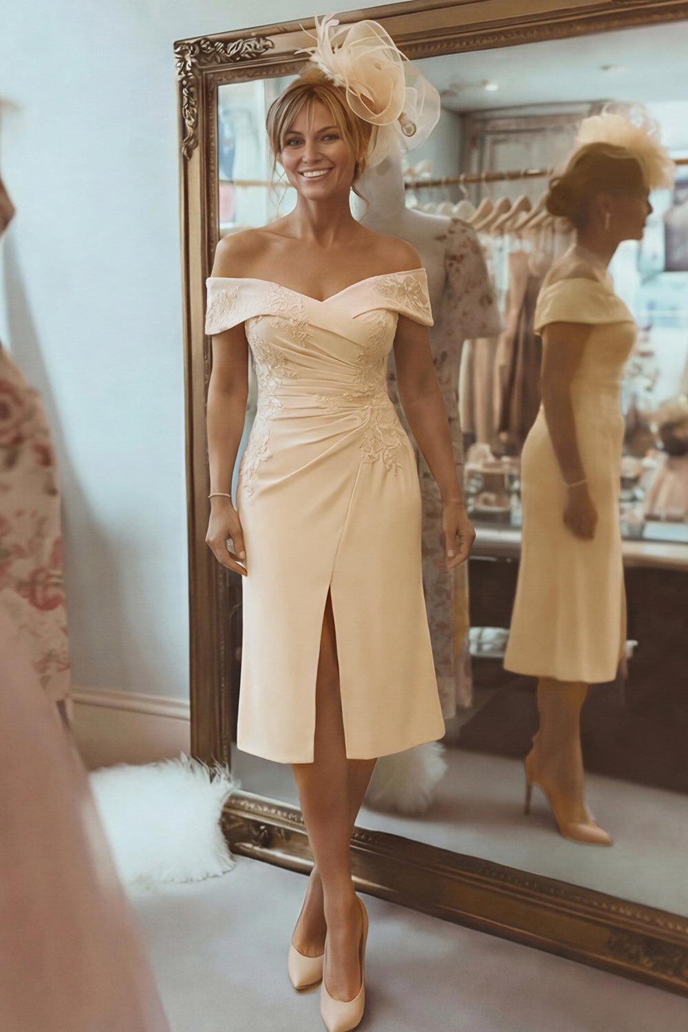 Blush Pink Off The Shoulder Midi Mother Of The Bride Dress With Slit