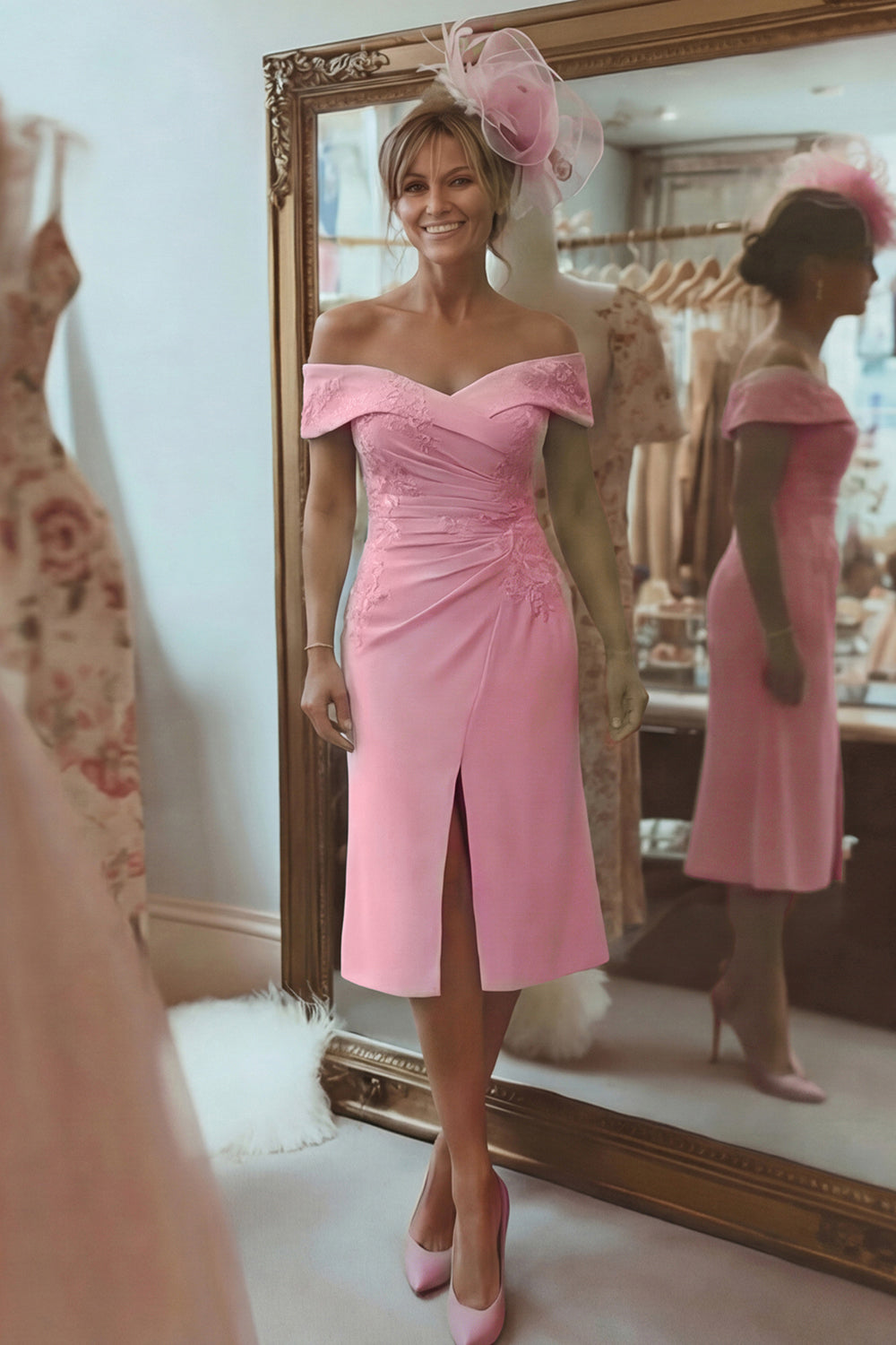Blush Pink Off The Shoulder Midi Mother Of The Bride Dress With Slit