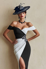 Off The Shoulder Bodycon Black and White Mother Of The Bride Dress With Slit
