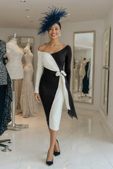 Black and White Long Sleeve Midi Mother Of The Bride Dress With Sash
