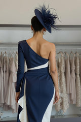 One Shoulder White Navy Bodycon Mother Of The Bride Dress With Sash