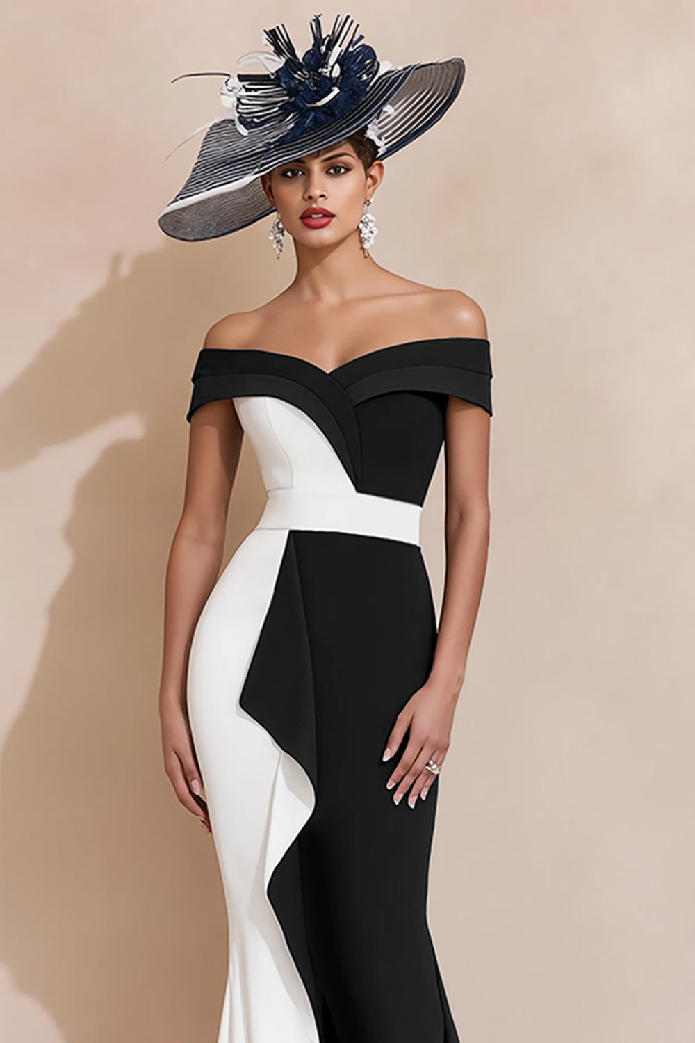 Black and White Off The Shoulder Mermaid Midi Dress