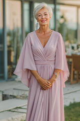Dusty Rose A-Line V-Neck Chiffon Ruched Mother Of The Bride Dress