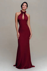Burgundy Sheath Halter Cut Out Formal Dress