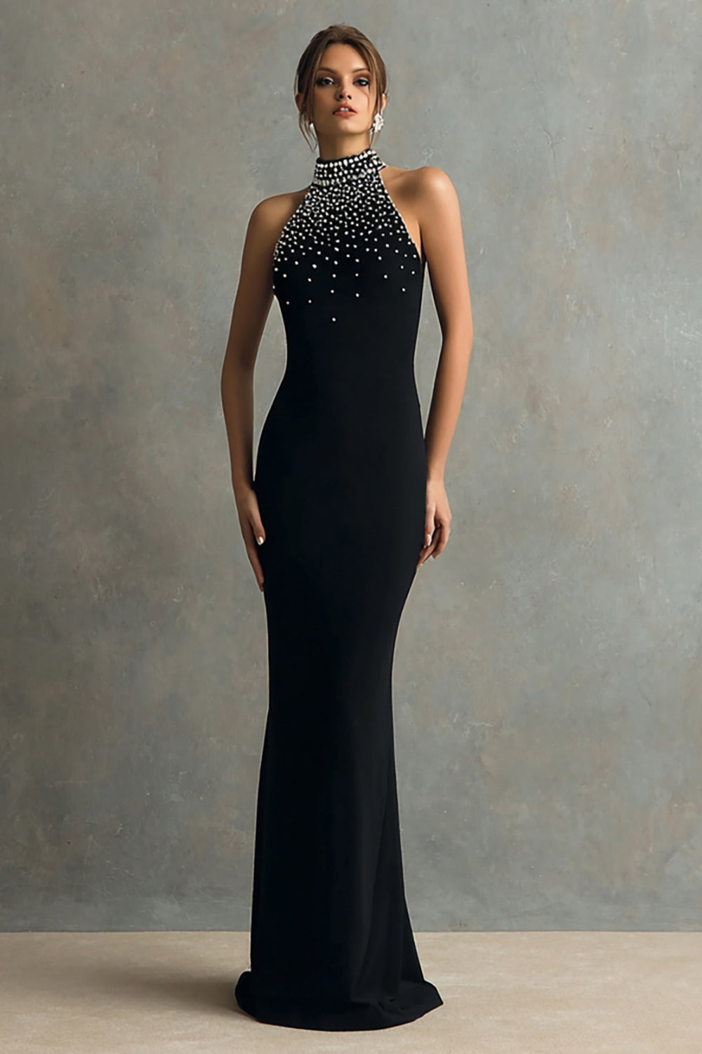 Halter Sheath Black Formal Dress With Beading
