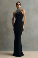 Halter Sheath Black Formal Dress With Beading