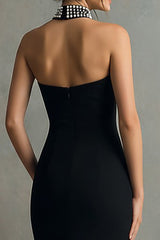 Halter Sheath Black Formal Dress With Beading