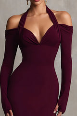 Burgundy Mermaid Halter Formal Dress with Long Sleeves