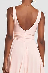 Pink A-Line V-Neck Ruffle Maxi Dress With Slit