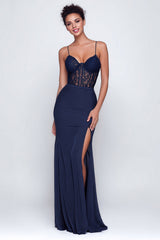 Navy Sheath Spaghetti Straps Lace Formal Dress With Slit
