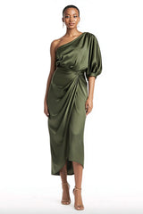 Olive One Shoulder Sheath Ruched Semi-Formal Dress