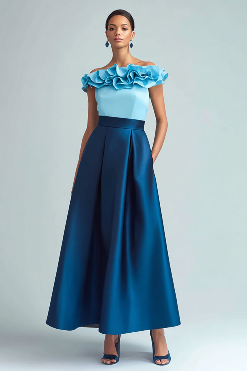 Light Blue and Dark Blue Colorblock Off The Shoulder A-Line Formal Dress With Ruffles