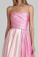 Pink Satin A-Line Strapless Ruched Long Formal Dress