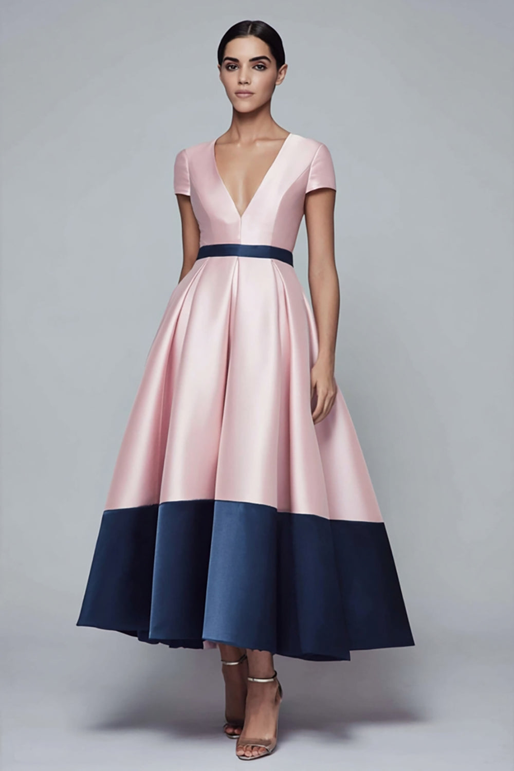 Pink and Navy A-Line Satin V-Neck Semi-Formal Dress With Short Sleeves