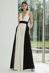 Black and White A-Line V-Neck Formal Dress