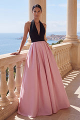 Black and Pink Halter A-Line Maxi Formal Dress