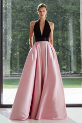 Black and Pink Halter A-Line Maxi Formal Dress