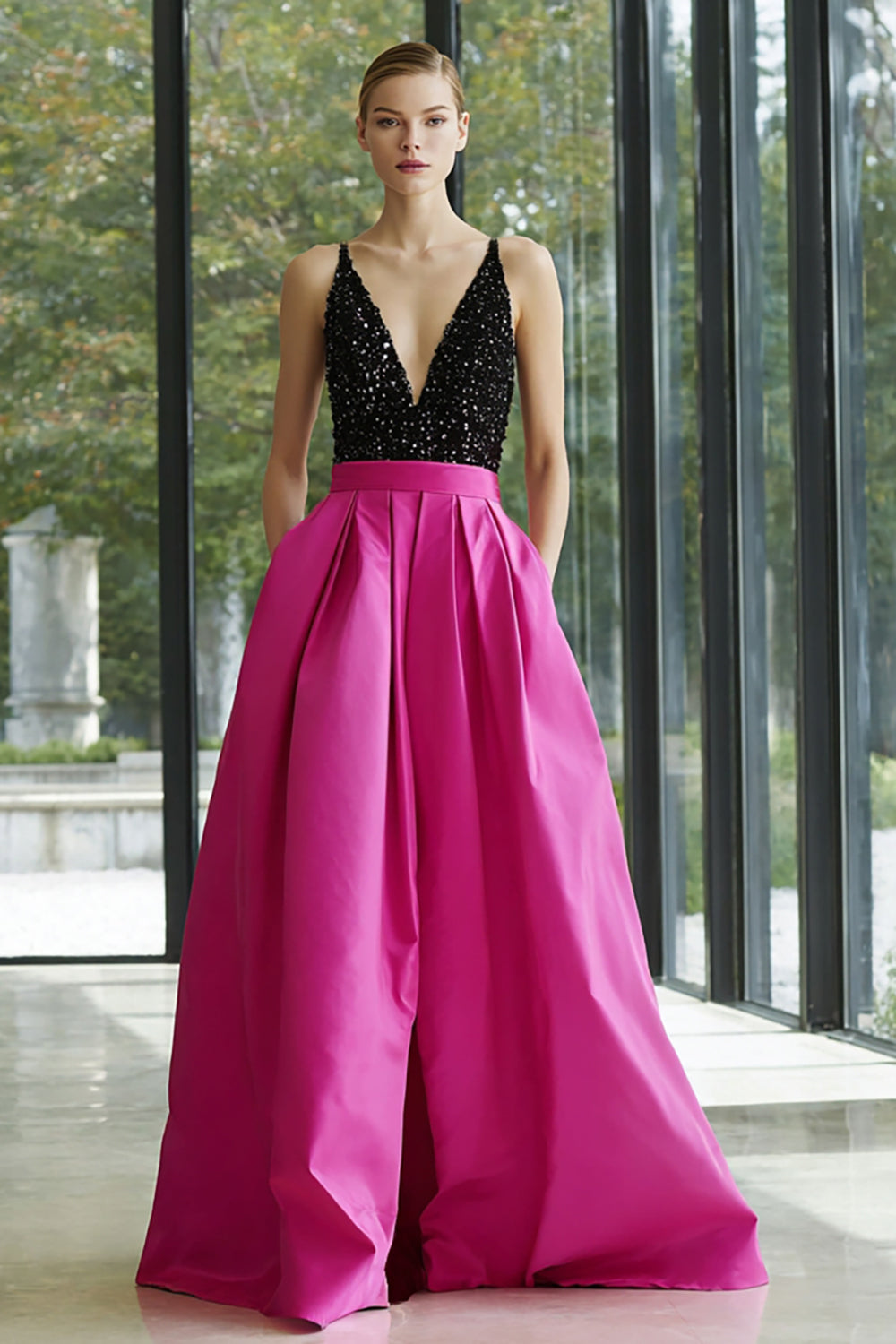 Beaded A-Line V-Neck Black and Fuchsia Maxi Formal Dress
