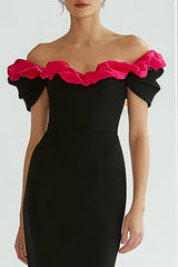 Black and Fuchsia Off The Shoulder Mermaid Formal Dress with Ruffles