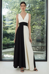 Black and White A-Line V-Neck Maxi Formal Dress