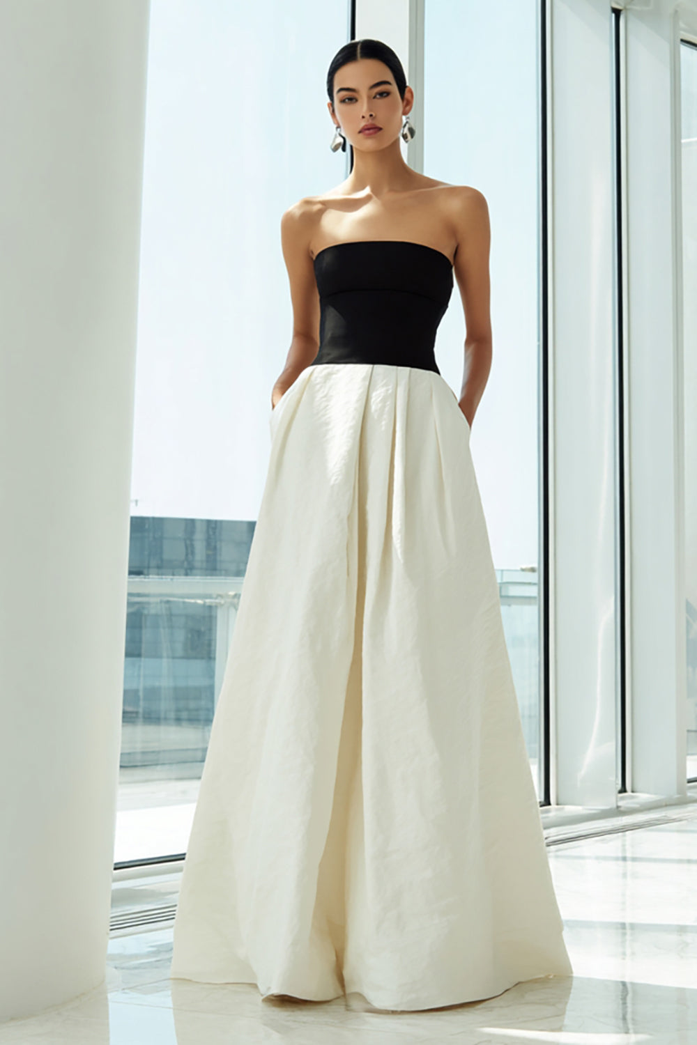 Strapless Black and White A-Line Maxi Formal Dress