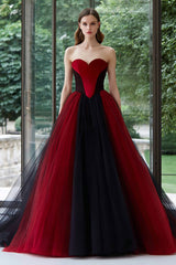 Black and Red Sweetheart A-Line Tulle Maxi Prom Dress