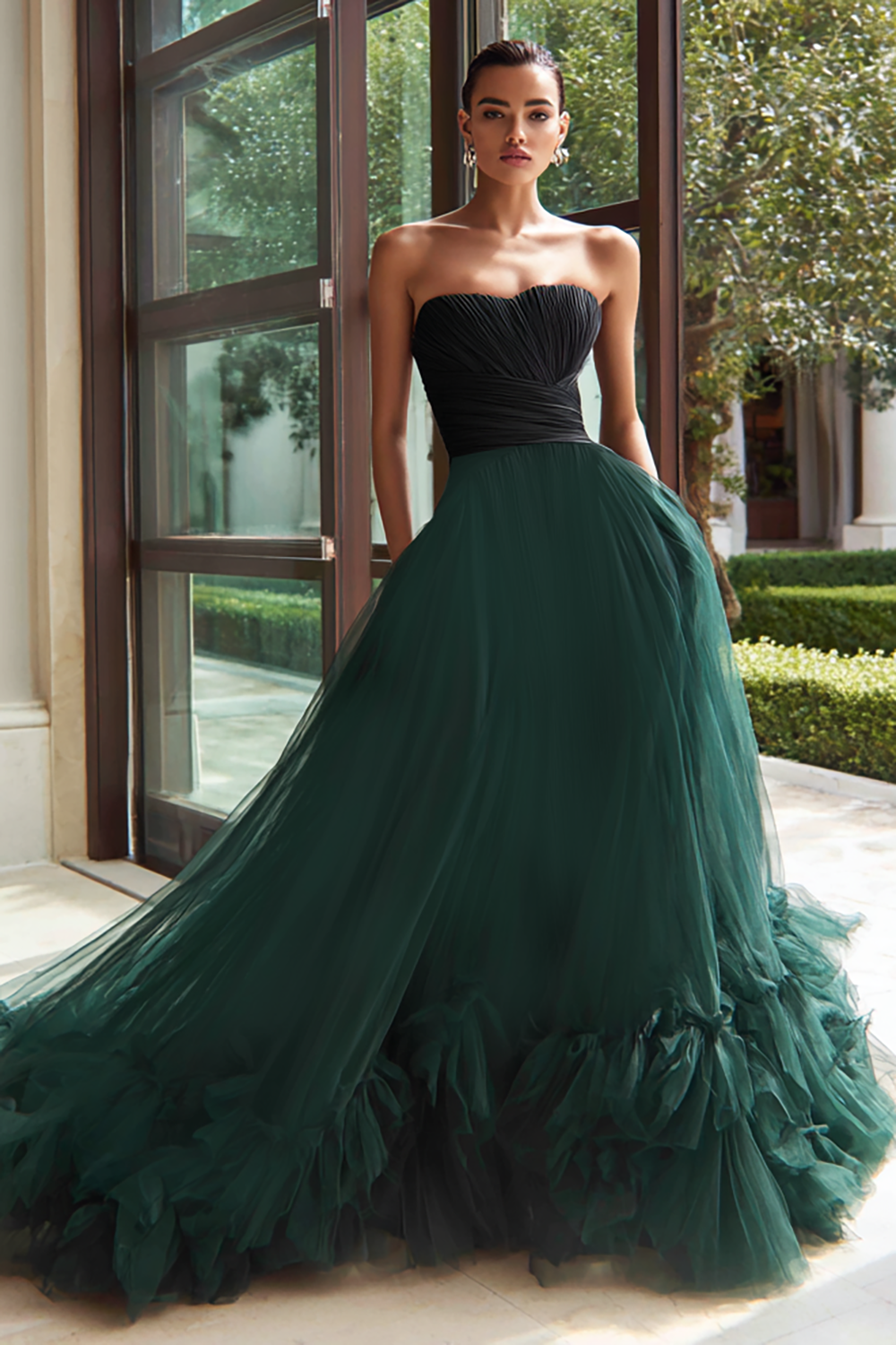 Strapless Black and Green A-Line Prom Dress With Ruffles