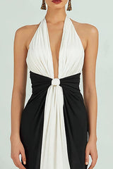 Halter Sheath Black and White Long Formal Dress