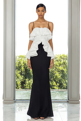 Black and White Ruffled Spaghetti Straps Long Formal Dress