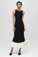 Black and White Round Neck Semi-Formal Dress with Ruffles