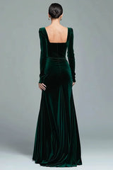 Dark Green Velvet Mermaid Long Sleeve Formal Dress With Slit
