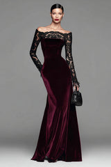 Burgundy Velvet Off The Shoulder Mermaid Formal Dress with Long Sleeves