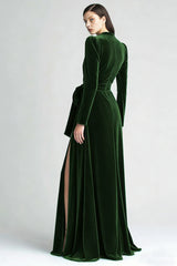 Dark Green Velvet Long Sleeve Formal Dress With Slit
