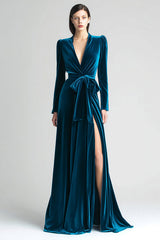 Dark Green Velvet Long Sleeve Formal Dress With Slit