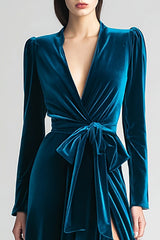 Dark Green Velvet Long Sleeve Formal Dress With Slit
