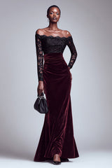 Black and Burgundy Velvet Off The Shoulder Lace Mermaid Formal Dress