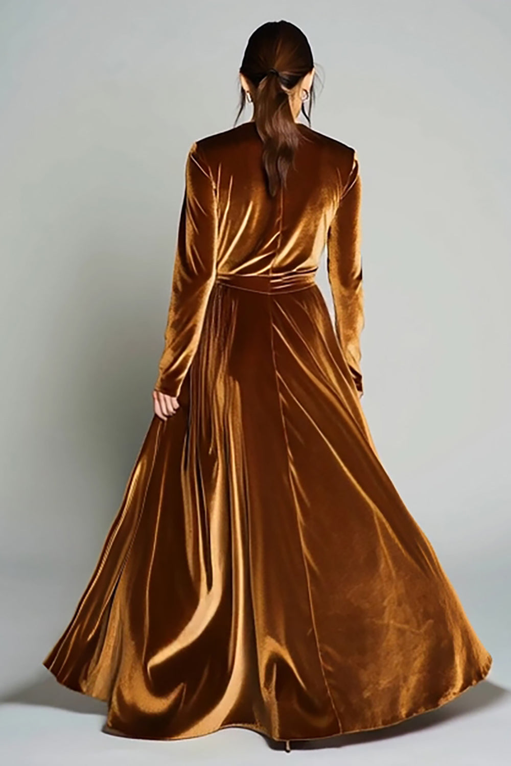 Brown Velvet A-Line V-Neck Long Sleeve Holiday Dress
