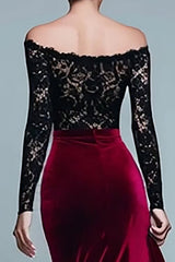 Black and Burgundy Off The Shoulder Mermaid Velvet Formal Dress With Slit