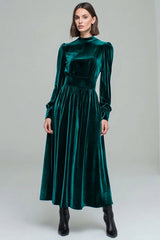 Peacock Green A-Line Velvet Holiday Party Dress With Long Sleeves